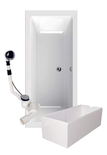 Calmwaters Rechteck Badewanne Komplettset 180x80 cm mit Wannenträger & Ablaufgarnitur, Duobadewanne aus Acryl für Zwei, Set Badewanne komplett, Canouan Rechteckbadewanne 180 x 80 cm, Weiß, 99000158