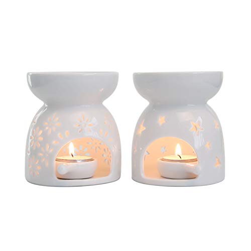 ComSaf Duftlampe Keramik Weiß mit Kerzenhalter 2er-Set - Sternenmuster und Blumenmuster