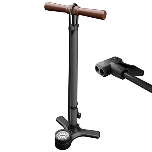 HiLo sports Luftpumpe Fahrrad alle Ventile mit Dual Kopf - 11 Bar / 160 Psi Manometer Fahrradpumpe - Standpumpe Fahrrad mit Holz Griff - Pumpe Fahrrad (metallic grau)