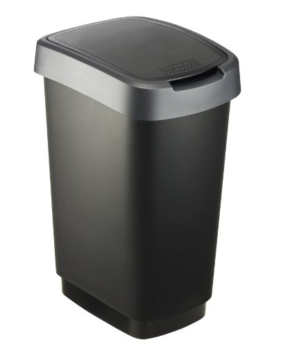 Rotho Mülleimer „Twist“ 25 Liter - 33.3 x 25.2 x 47.6 cm - Papierkorb aus Kunststoff (PP) in schwarz/dunkelsilber - Abfallbehälter mit Schwing- oder Klappdeckel