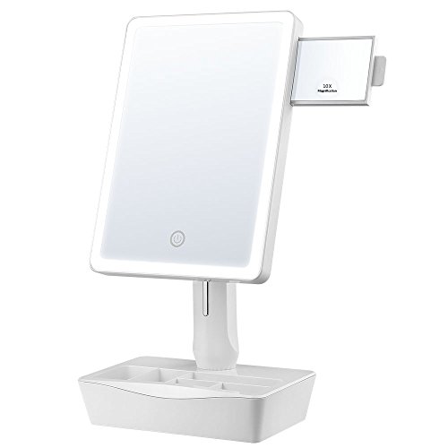 Jerrybox Schminkspiegel mit Beleuchtung Beleuchteter Kosmetikspiegel LED Make up Spiegel Faltbarer Standspiegel Tischspiegel, 180° Einstellbar, Dimmbar, Kompakt, Perfektes Geschenk für Frauen, Weiß