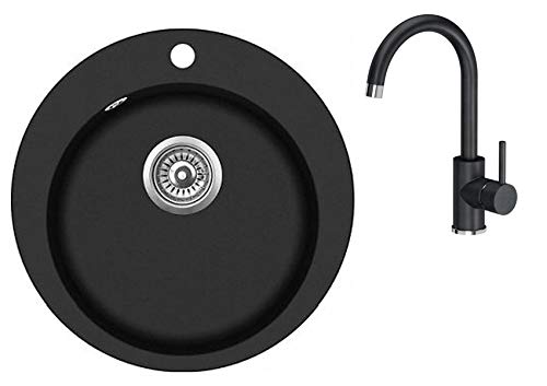 Spülbecken Granit 50 cm Einzelbecken Küche Einbauspüle Küchenspüle reversibel + Siphon Waschbecken + Spültischarmatur 360°drehbar U- Form Wasserhahn Einhebel Kalt-warm