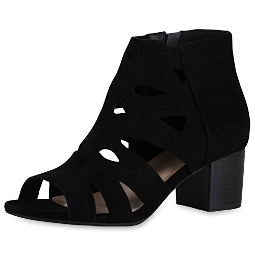SCARPE VITA Damen Sandaletten Schaftsandaletten Blockabsatz Mid Heels Cut Out Sommer Schuhe Wildleder-Optik Absatzschuhe 175110 Schwarz 37