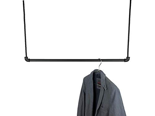 Hängegarderobe Schwarz Metall 50, 80 oder 100cm inkl 5m Seil, Kleiderstange für Kleiderbügel, Kleiderständer Industrial Design, Garderobe für Ankleide Büro