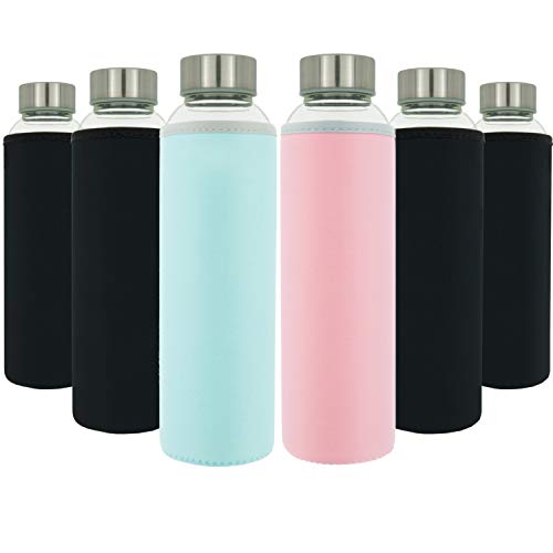 T&N Glasflaschen 6er Set 550ml mit Neopren Schutzhüllen – auslaufsichere Trinkflasche auch für Kinder – robustes Spezial Glas BPA frei – für Wasser Saft Smoothie – Sport-Flasche mit Bürste