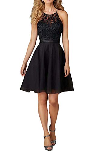 Hotkleider Damen Sexy Halsholder Spitze Abendkleider Cocktailkleider Promk Party Brautjungfernkleider -M-Schwarz1