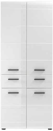 trendteam Badezimmer Hochschrank Schrank Skin Gloss, 60 x 182 x 31 cm in Weiß Hochglanz mit viel Stauraum und zwei Schubkästen