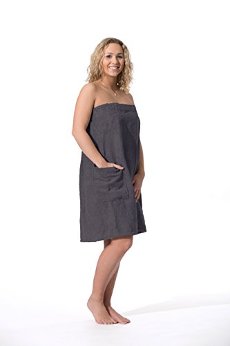 ZOLLNER Saunakilt / Saunatuch / Damen Saunakilt mit Gummizug und Klettverschluss, Oberschenkeltasche, 100% Baumwolle, Farbe anthrazit, Größe S/M, in weiteren Größen und Farben möglich, Serie 'Sana'