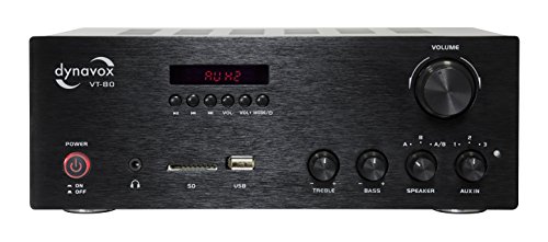 Dynavox Stereo Kompakt-Verstärker VT-80 schwarz, schraubbare Anschluss-Terminals für 4 Lautsprecher, Fernbedienung für Digital-Eingänge (USB, SD-Card), integrierte BT-Antenne