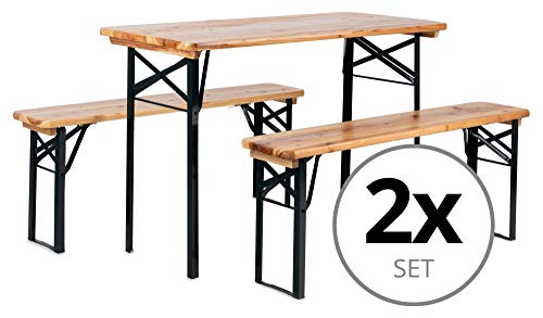 Stagecaptain 2er Set Hirschgarten Bierzeltgarnitur für Balkon (Kurze Version mit 117 cm Länge, 2X Tisch, 4X Bank, Holz, klappbar) Natur