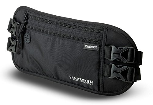Flache Bauchtasche Hüfttasche mit RFID Blocker und 2 Hüftgurten für Damen und Herren – enganliegend und wasserabweisend – Geldgürtel zum Sport, Reisen und Joggen – VAN BEEKEN Money-Belt, schwarz
