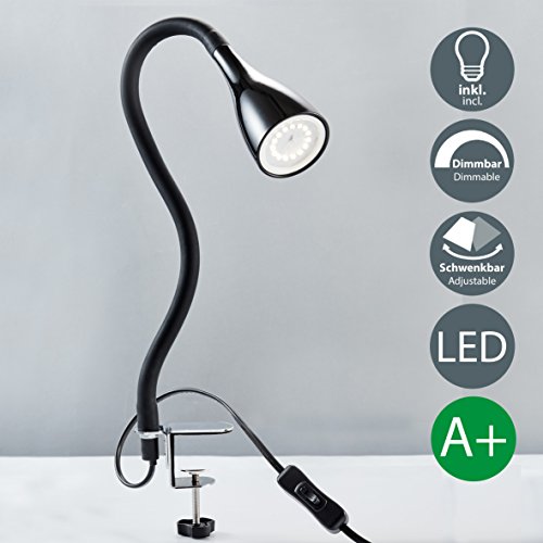 B.K.Licht LED Klemmleuchte inkl 1x GU10 5W 400lm dimmbare Bettleuchte mit 3 Helligkeitstufen 360° Flexibel Schwanenhals weiße Leselampe für Schlafzimmer Büro Metall Kunststoff [Energieklasse A+]