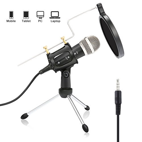 PC und Handy Mikrofon,NASUM,mini Kondensatormikrofon mit 3.5mm klinke Aufnahme Mikrofon für Podcast,Recording,Studio,Skype,YouTube,mit Ständer und Popschutz,für Android /IOS PC oder Alle Smartphone