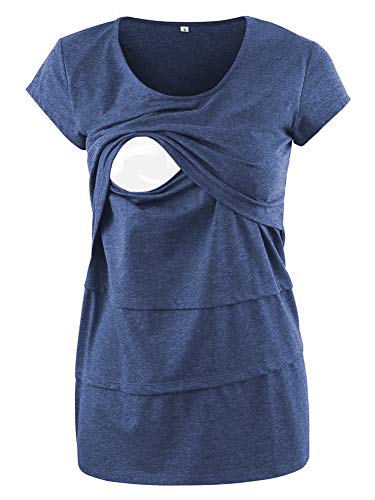 Love2Mi Frauen Umstandsmode Layered Unregelmäßige Pflege Shirt Stillshirt Kurzarm zum Stillen, Marineblau, M