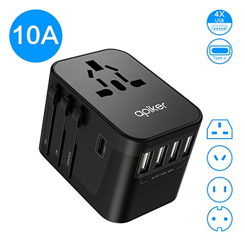 Apiker Reiseadapter Reisestecker Weltweit mit 4 USB Ports und Type C Internationaler, Universal Travel Adapter mit Ersatz Sicherung über 200 Ländern z.B Europa Deutschland UK Australien USA-Schwarz