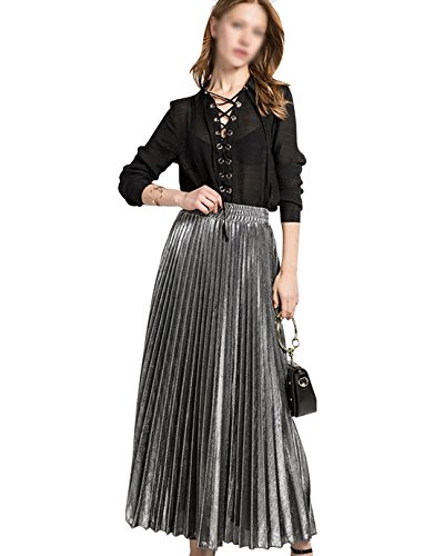 Milya Damen Lang A-Linie Plisseerock Maxi Faltenrock Blingbling L Grau
