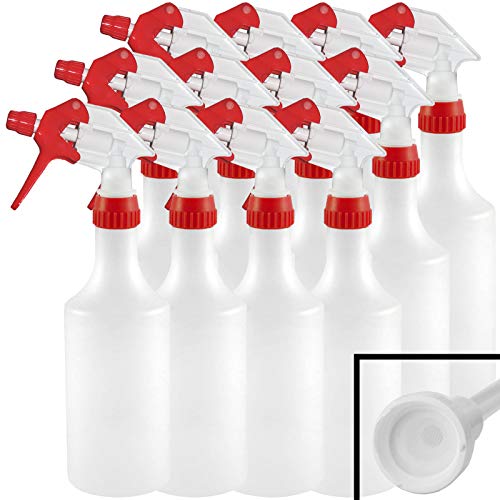 ABACUS HANDSPRÜHFLASCHE MIT Profi SPRÜHKOPF (7054.12) - 12x Handsprüher HDPE Flasche 750 ml + 12x Profi Sprühkopf + Sieb - Reinigungsmittel verdünnen Sprüher lösemittelbeständig Sprühflasche