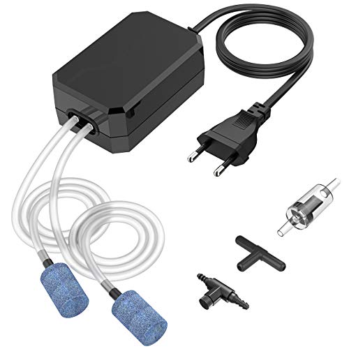 OMORC Aquarium Luftpumpe Super Leise Luftpumpe für Süß- und Salzwasser Sauerstoffpumpe mit 2 Luftaustritte/Steinen/Rohren, einem Rückschlagventil und einem 3-Wege-Anschluss
