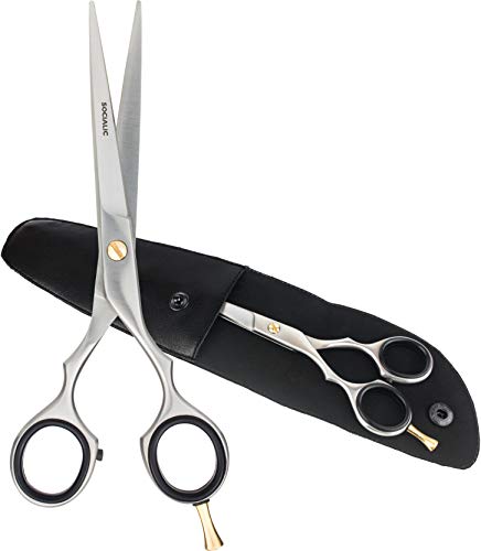 Socialic Haarschere - Extra scharfe Friseurschere [16,5 cm] - Hochwertige Haarschneideschere aus gehärtetem Karbonstahl für einen scharfen & präzisen Schnitt - Haar Schere inkl. praktischem Etui