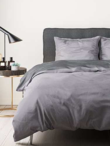 Aminata – Bettwäsche á 135x200 cm Schwarz & Grau Perkal Baumwolle + Reißverschluss zum Wenden unifarben Wendebettwäsche einfarbig Anthrazit Dunkelgrau 2-teiliges Bettwäscheset Ganzjahres Bettbezug