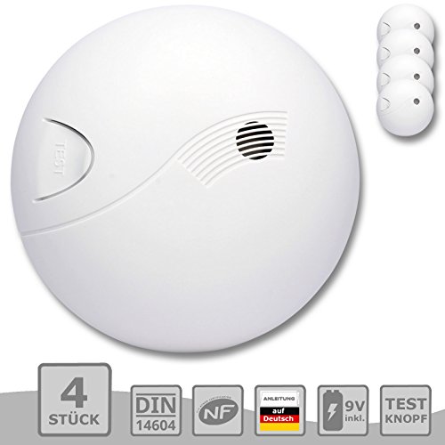 Rauchmelder - 4er Set - inklusive 9V Batterie - Geprüft nach DIN EN14604 - 1 2 5 10 er Set Rauchwarnmelder Feuermelder Brandmelder Feueralarm