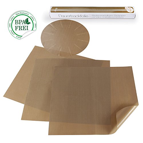 Amazy Dauerbackfolie (4 Stück) – Das Premium Backpapier – wiederverwendbar, antihaftbeschichtet und spülmaschinenfest (4er Pack – 3 x rechteckig, 1 x rund)