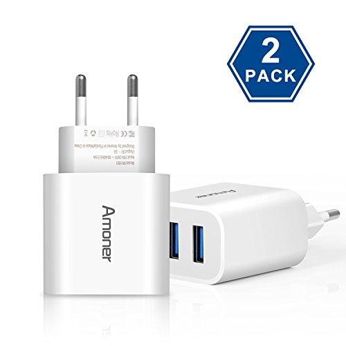 Amoner USB Ladegerät 2 Stücke 3-Port 3A Ladeadapter für iPhone X/8/8 Plus, Galaxy S9/S9 Plus/S8/S8 Plus/Note, iPad, Sony, HTC, Motorola, LG und Weitere Geräte