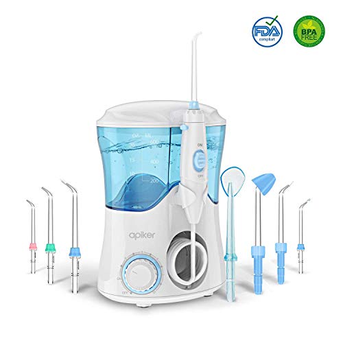 Munddusche Elektrisch für Zanreinigung, Apiker Zahnzwischenraumreiniger Professioneller Water flosser mit Stufenloser Wasserdruckeinstellung 600ml Wassertank 8 verschiedene Funktionsdüsen - Weiß