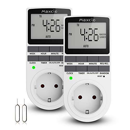 Digitale Zeitschaltuhr Steckdose, Maxcio Programmierbare Timer Steckdose mit 10 konfigurierbaren wöchentlichen Schaltprogramme und Anti-Theft-Modus, 2 Reset Zubehör, 16A / 3680W - 2 Packs