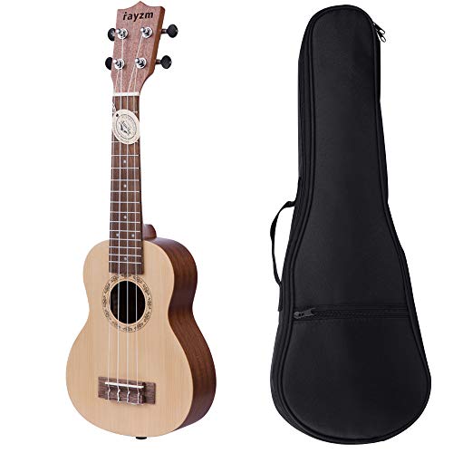 Rayzm Sopran Ukulele mit Tasche, Einsteiger 21 Zoll Ukulele mit Original Aquila Nylon Saiten, Matt-Finish, Fichte Top, Sapele Rückseite & Seite, komplett verchromte Stimmwirbel (21')
