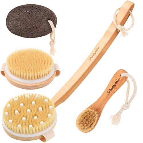 Rückenbürste Badebürste Set Massagebürste Körperbürste,PRETTY SEE Wellness Geschenk-Set Bimssstein Haut Bürste mit Naturborsten Stiel geschweift mit Herausnehmbarem Bürsten Einsatz,Exfoliating Brush