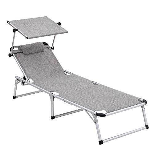 SONGMICS Sonnenliege aus Aluminium, klappbarer Liegestuhl, 193 x 67 x 32 cm, 250 kg max. statische Belastbarkeit, Kunstfasergewebe, Kopfkissen abnehmbar, Sonnendach verstellbar GCB19TG