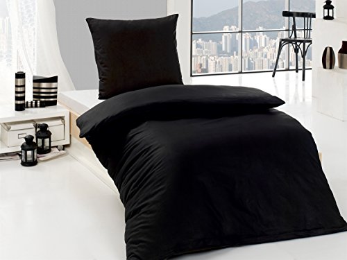 4-Teilige hochwertige Renforcé-Bettwäsche UNI-WENDE in schwarz einfarbig 2x 135x200 Bettbezug + 2x 80x80 Kissenbezug , 100% Baumwolle (Schwarz einfarbig)