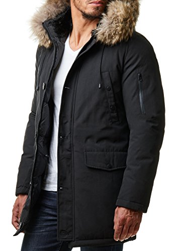 Burocs Herren Parka Winter-Jacke Kunst-Fell Imitat Kapuze Schwarz Khaki BR1625, Größe:M, Farbe:Schwarz