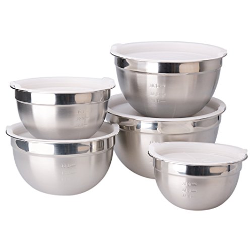 Juning 18/10 Edelstahlschüssel Set bestehend aus 5 Stück, Hochpolierte Technik, Rührschüssel Set/Salatschüssel aus Edelstahl mit Kunststoffdeckel, Maximale Kapazität 6L / 5L / 4L / 3L / 2.5L