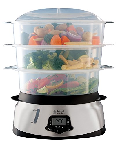 Russell Hobbs 23560-56 MaxiCook Digitaler Dampfgarer mit programmierbarem Verzögerungstimer, drei Dampfgarbehälter und Reisschale, 10,5 L, 1000 W, edelstahl, silber / schwarz
