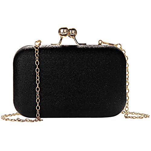 Wafly Clutch Glitzer Schwarz 6,1 inch, Leder Kettentasche Handtasche Abendtasche Damen Crossbody Tasche Umhängetasche für Valentinstag Party Hochzeit Mädchen, Telefon bis zu 6,1’’