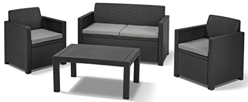 Allibert Lounge Set in Rattanoptik, Merano (2 Sessel, 1 Sofa, 1 Tisch), stabiles Kunststoff , grafit