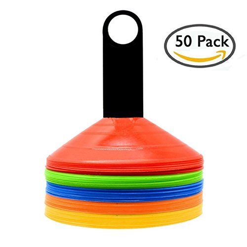 Markierungshütchen 50'er Markierungsteller Set inklusive Halter und Tasche Set für Sport, Fussball, Basketball, Handball, Football(Farbe: Rot, Grün, gelb orange, blau)