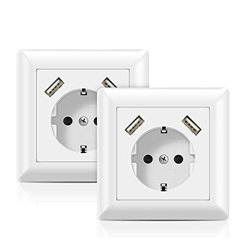 USB Steckdosen System 55 Reinweiß, Schutzkontakt Steckdose mit Zwei USB Anschlüsse 2.8A Unterputz Schuko Wandsteckdose Passt in Standard Unterputzdose Laden Smartphone Tablet MP3 (2 Stück)