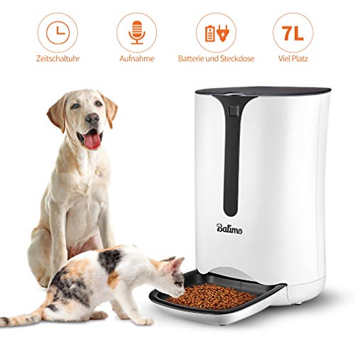 Balimo Smart Futterautomat für Katze und Hund, Automatischer Futterspender mit Timer für bis zu 4 Mahlzeiten pro Tag, Verteilungsalarm, Portionssteuerung, Ton-Aufnahmefunktion, 7L, Weiß