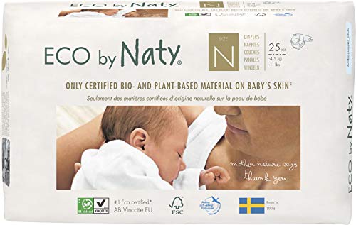 Eco by Naty Premium Bio-Windeln für empfindliche Haut, Größe Newborn - 4, 5 kg, 4 Packungen à 25 Stück (100 Stück insgesamt), weiß