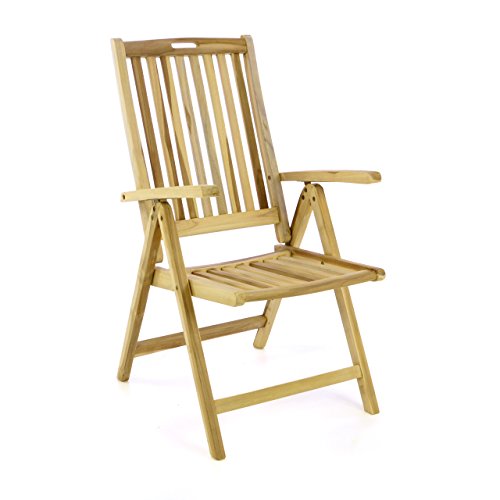 DIVERO Stuhl Gartenstuhl Terrassenstuhl Klappstuhl aus Teak-Holz Hochlehner mit Armlehnen verstellbare Rückenlehne klappbar massiv unbehandelt natur