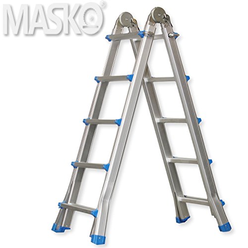 MASKO Aluleiter 5,10m Teleskopleiter  Mehrzweckleiter Aluminium Multifunktionsleiter  Aluleiter  Klappleiter  Anlegeleiter  Bockleiter  Schiebeleiter  höhenverstellbar beidseitige Steh und Treppenleiter | 4 x 5 Sprossen | Länge: 5,10m