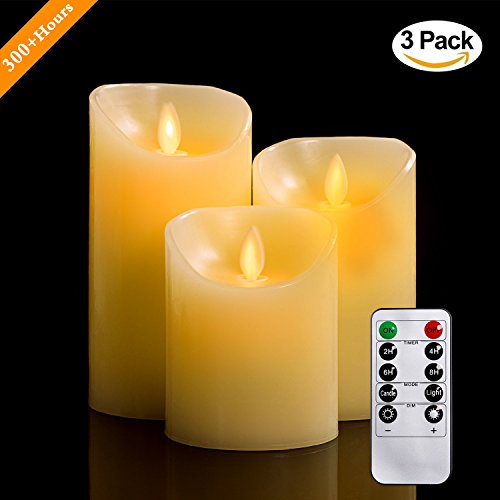 LED Kerzen, 10,2/12,7/15,2 cm Set aus 3 Echtwachs flammenlose Kerzen Säulen nicht Plastik mit realistischen tanzenden LED Flammen und 10-Tasten Fernbedienung mit 2/4/6/8-Stunden Timer Funktion, 300+ Stunden-YIWER (3x1, Elfenbein)