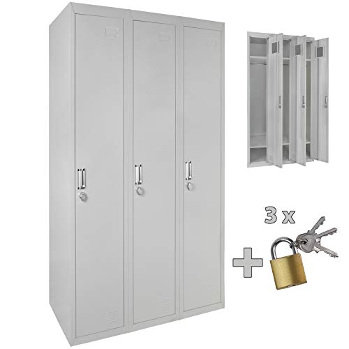 Dreifach Spind Schließfachschrank Metallschrank Garderobenschrank 180 x 90 x 50 cm - wahlweise MIT oder OHNE Schlösser, Farbe:Grau-Grau, Spind-Variante:Spind MIT Schlösser