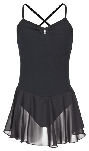 tanzmuster Kinder Ballettkleid 'Maja' - süßer Spaghetti-Träger Ballettbody mit Chiffon Röckchen und Glitzersteinen in schwarz, Größe:152/158