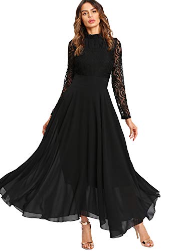 DIDK Damen Maxikleider Langarm Spitzen Plissee Brautjungfernkleid Kleider A Linie Kleid Stehkragen Ballonkleid Hoher Taille Schwarz XXL