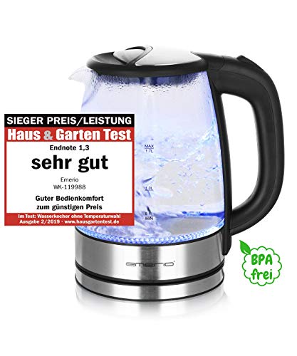 Emerio WK-119988 Glas Wasserkocher,1.7 Liter, 2200 Watt, LED Innenbeleuchtung, 360° Basis, 1.7 liters, Schwarz, Edelstahl
