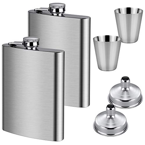 Anpro 2 x Flachmann Set, 2Stk Flachmänner 227ml, 2Stk Trichter mit 2 Trinkbecherset, Campingzubehör Edelstahl Silber, MEHRWEG